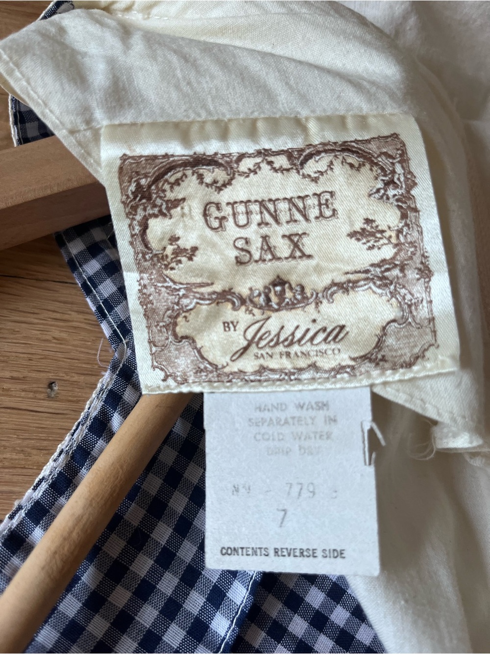 Gunne Sax by Jessica Vintage Cream Dress with Navy Gingham Yoke - Picture 4 of 7